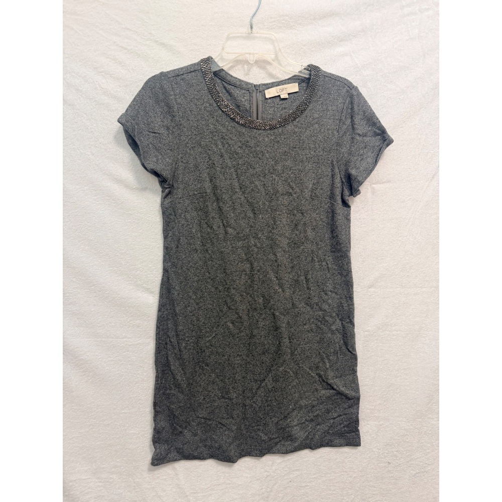 Ann Taylor LOFT Gray Cotton Beaded Neckline Short Sleeve Shift Dress Small
